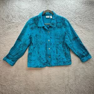 Chico's Size 2 Med Blue Textured Button Up Jacket 100% Cotton Art to Wear Layer